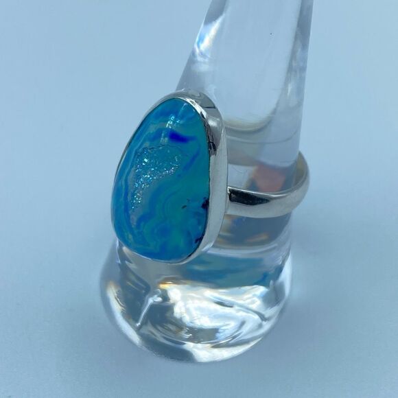 Marine Blue Aura Druzy Sterling Silver Ring Jewelry Size 9 - Picture 8 of 8
